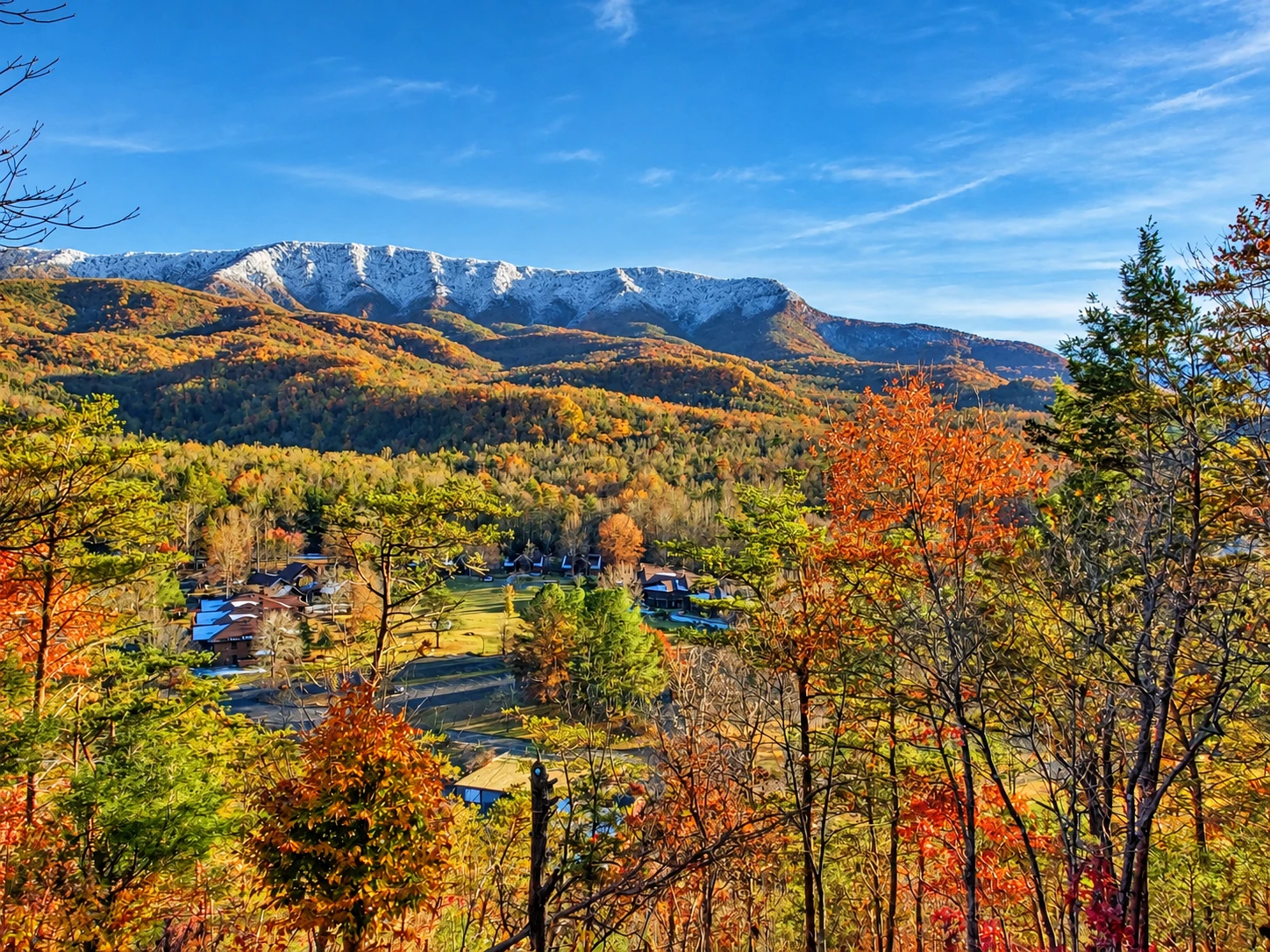 View of the snow-capped mountains in mid-November from the 30 foot covered deck at Gatlinburg Landing