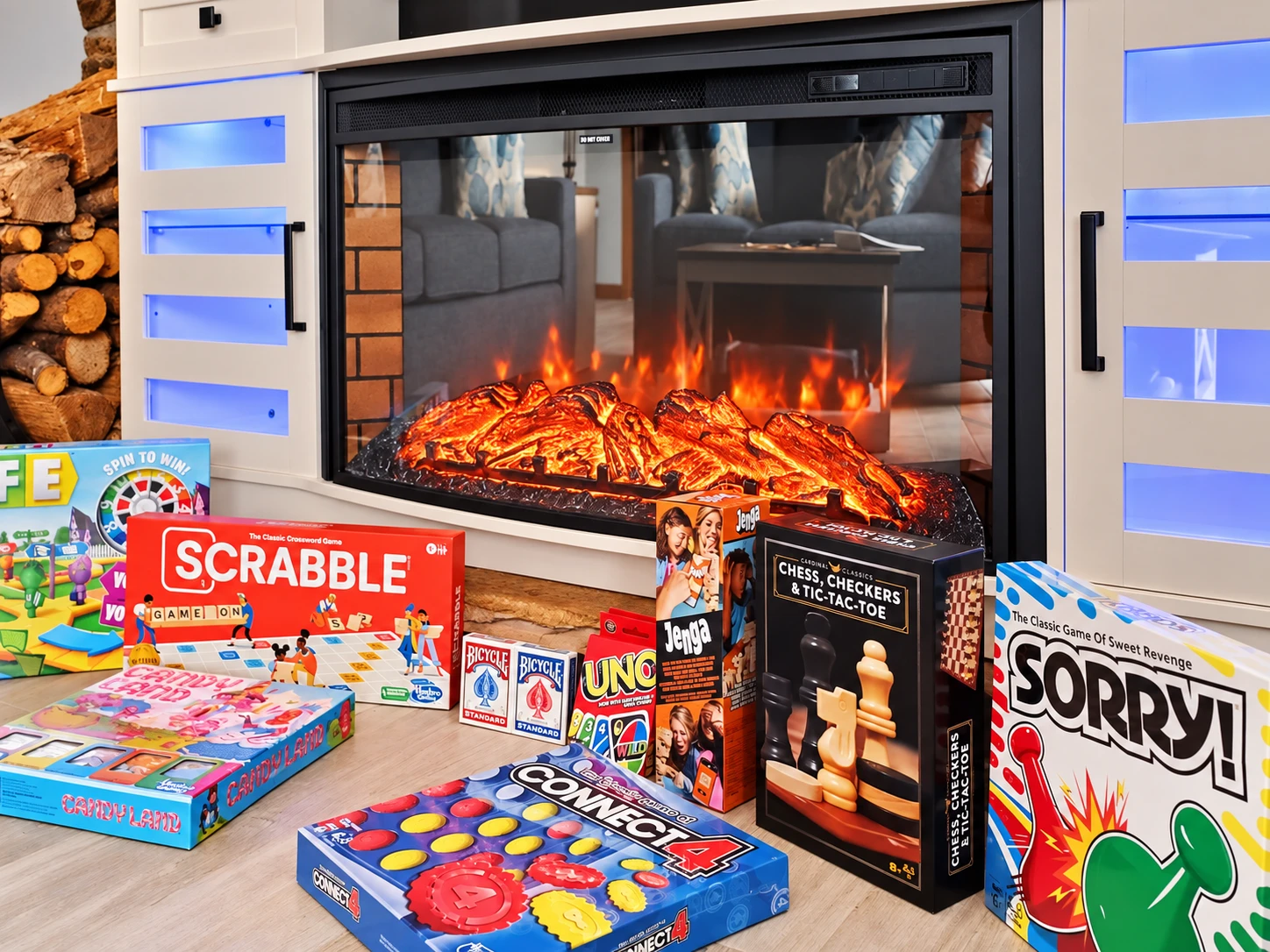Variety of board games and card games stored in the electric fireplace entertainment center