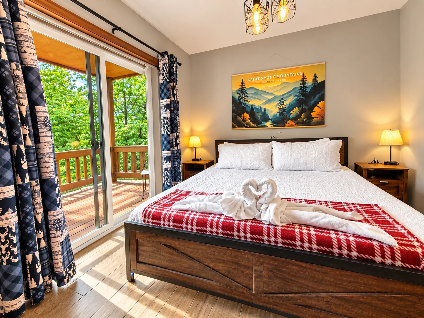 King size bed overlooking the mountains by the main living area