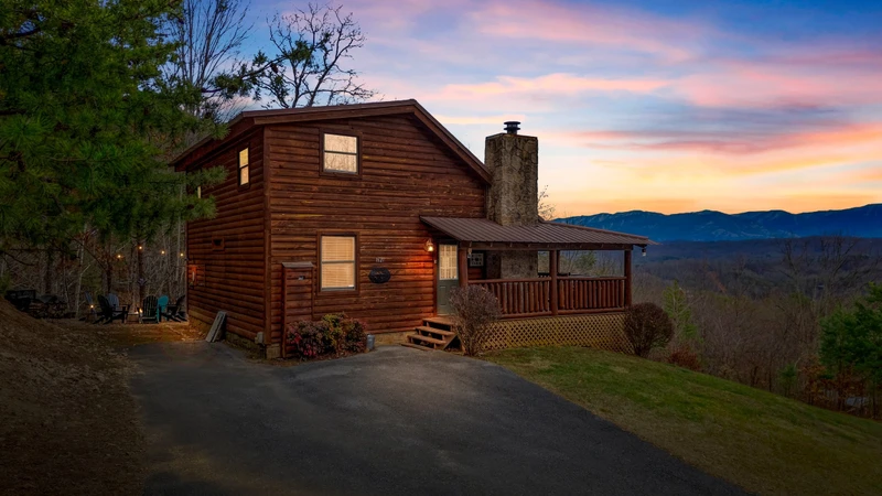 Exterior view, with mountains in the background
