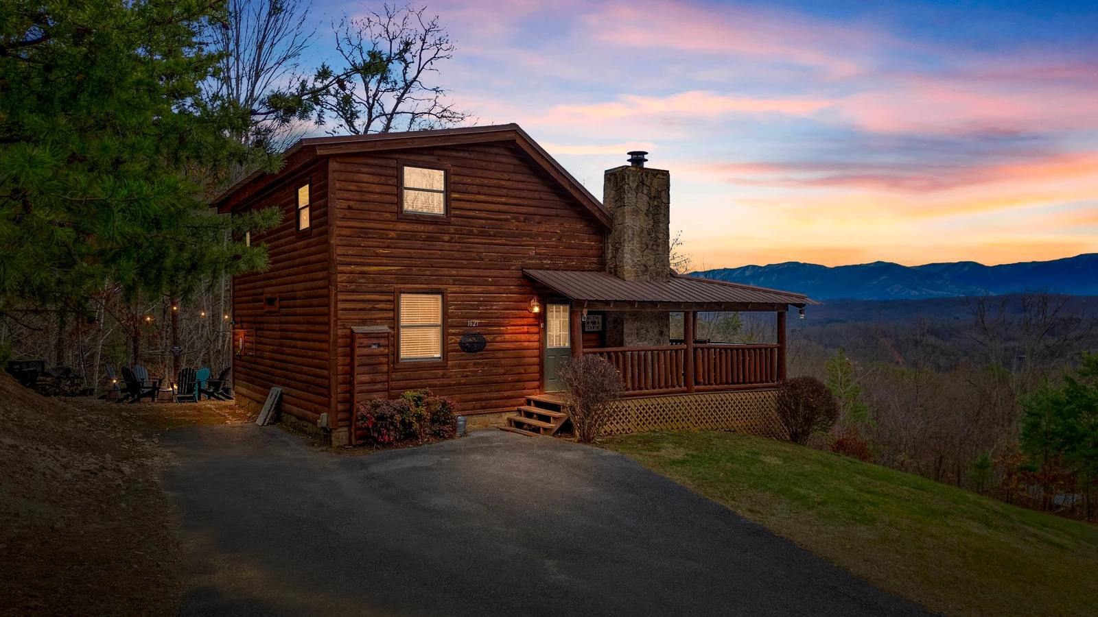 Exterior view, with mountains in the background