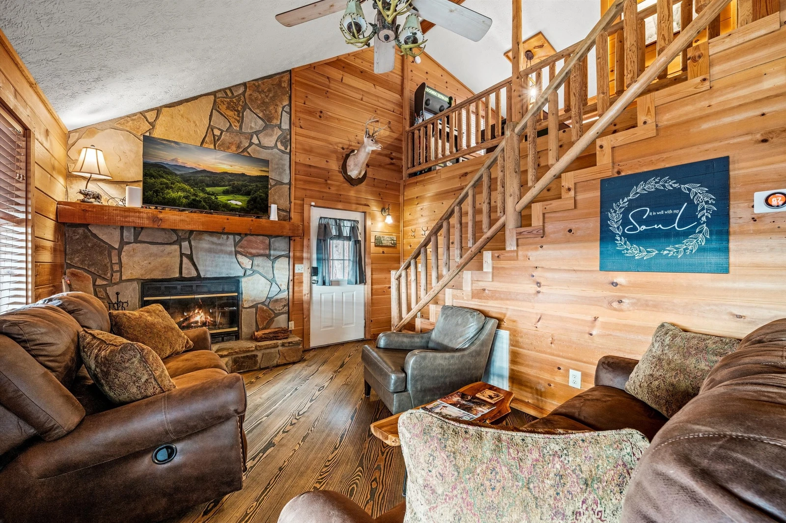 Stay warm and cozy by the fireplace