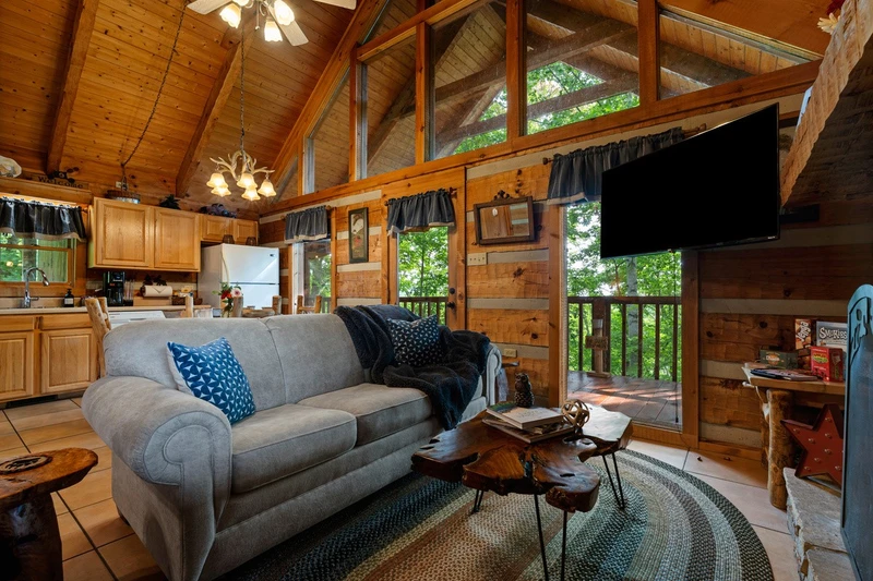 Cozy sofa and smart TV in the Nestled Oaks living area