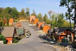 Lines of wooden cabins in Pigeon Forge