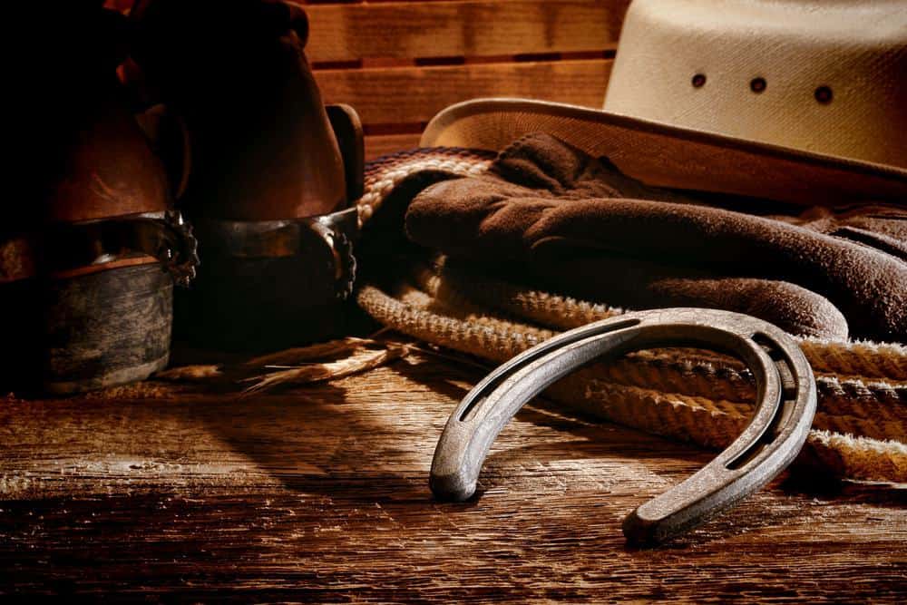 Cowboy hat, cowboy boots, lasso, and horse shoe
