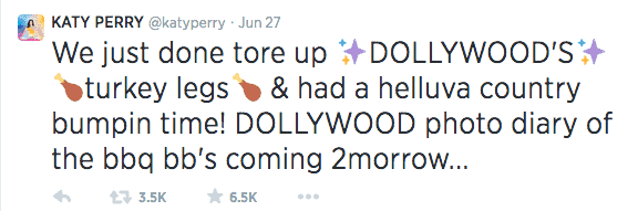 Katy Perry tweet about her trip to Dollywood in Pigeon Forge