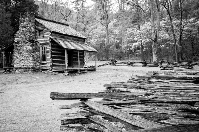 Black and white photo of the John Oliver cabin