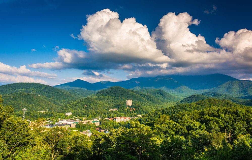 Aerial view of the sun shining over Gatlinburg