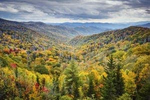 View of fall colors across the Smoky Mountains