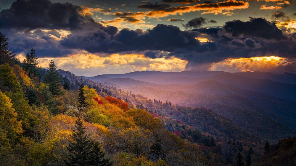 View of the Smoky Mountains in the springtime with purple haze in the background