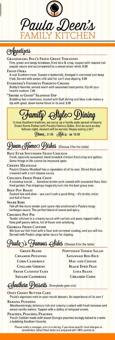Paula Deen's Family Kitchen dinner menu