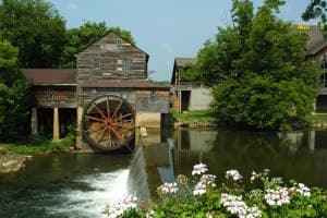 The Old Mill in Pigeon Forge with white flowers on the bank