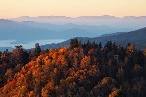 Autumn sunrise over the Great Smoky Mountains National PArk, one of the best national parks in USA.