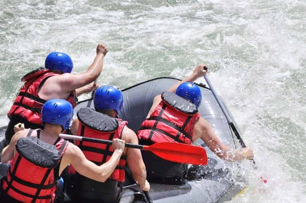 White water rafters using their oars to paddle the river