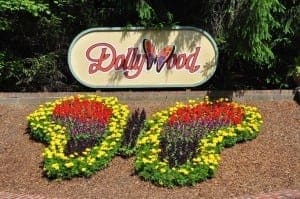 A butterfly design made from flowers in front of the Dollywood sign.