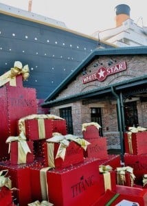 Christmas gifts stacked in front of the Titanic Museum in Pigeon Forge.