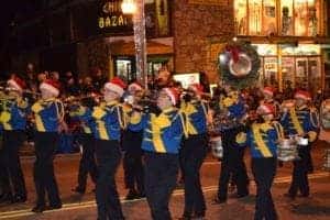A marching band at the Fantasy of Lights Christmas Parade in Gatlinburg.
