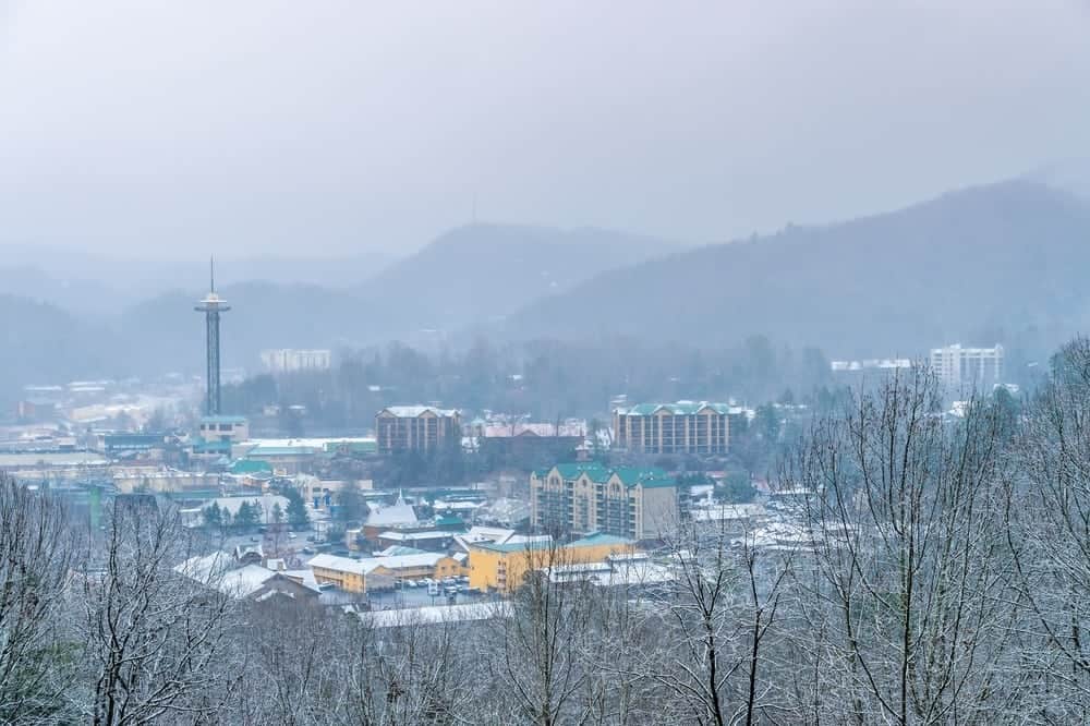 A photo of the downtown area covered in snow near our Gatlinburg TN condos.