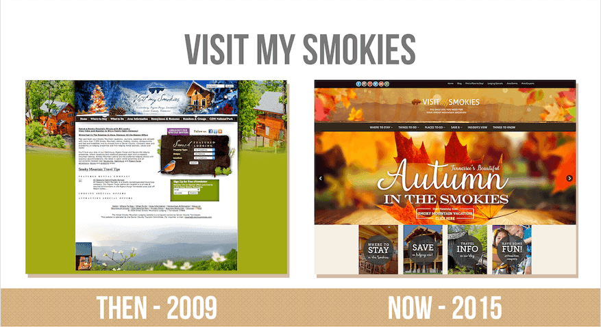 Screenshots comparing the Visit My Smokies website in 2009 and 2015.