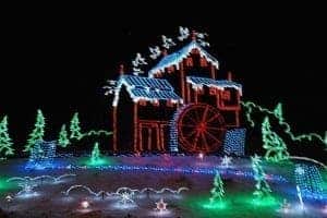 Winterfest Christmas light display in Pigeon Forge depicting The Old Mill.