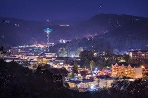 The twinkling lights of the city of Gatlinburg, Tennessee at night.