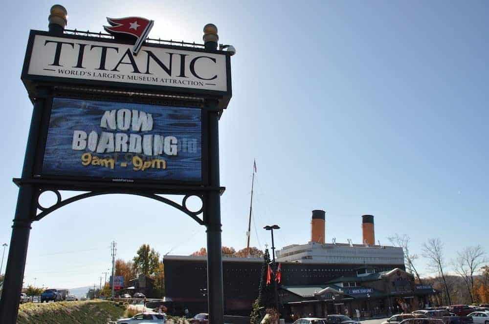 A large sign in front of the Titanic Museum in Pigeon Forge TN.