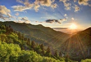 Stunning photo of the sun rising at Newfound Gap near Gatlinburg.