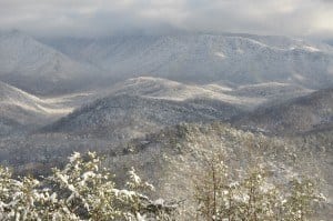 The Smoky Mountains in winter covered in snow.