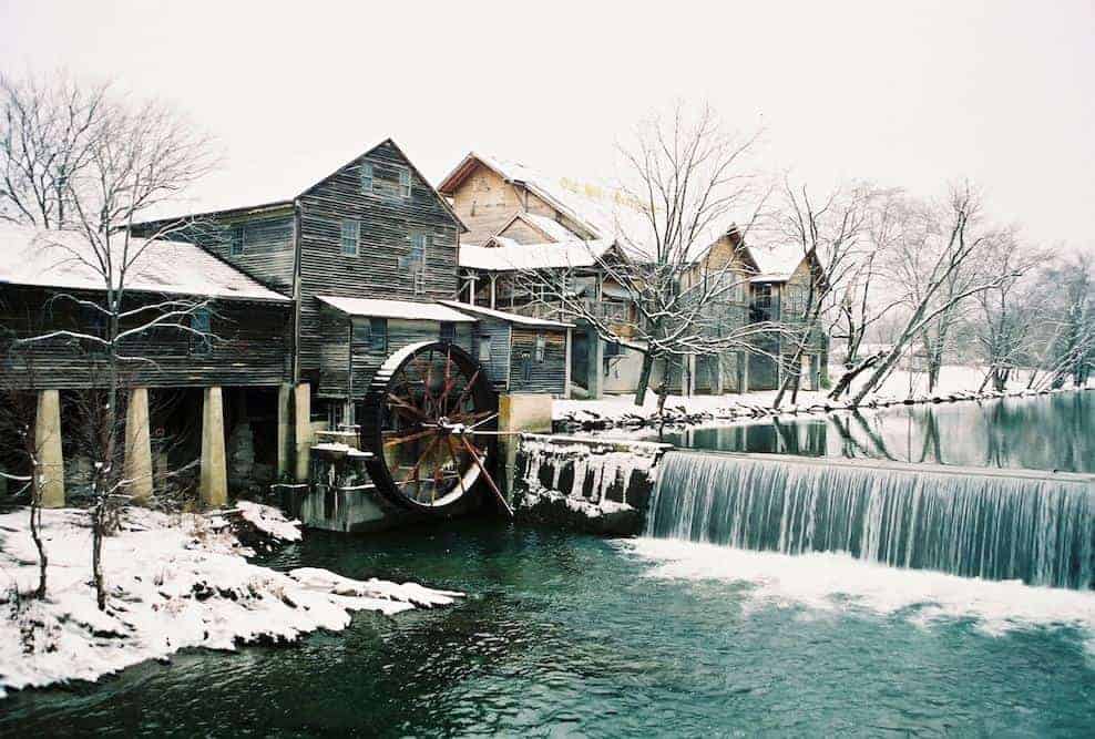 Visiting the snow covered Old Mill is one of the best things to do in Pigeon Forge in February.