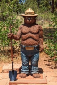 A statue of Smokey the Bear holding a shovel.