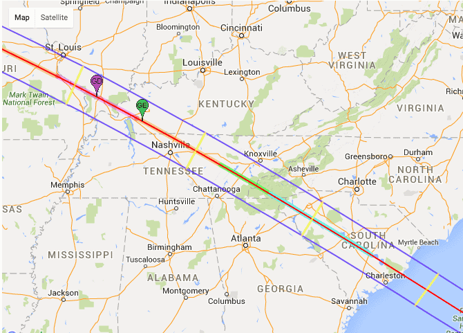 Map of Tennessee and the trail of the solar eclipse