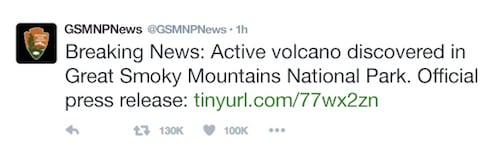 Official tweet about the discovery of an active volcano in the Great Smoky Mountains National Park.