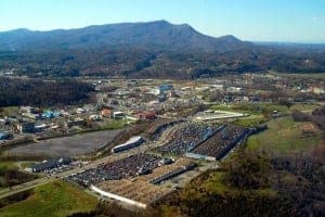 Aerial view of the downtown Parkway in Pigeon Forge.