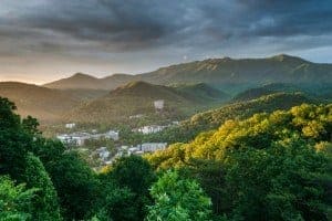 Beautiful sunrise photo of Gatlinburg and the Smoky Mountains.