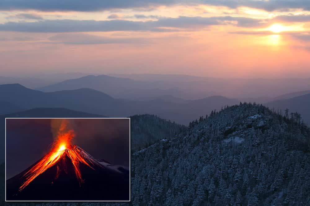 Photo of an erupting volcano embedded in a scenic photo of the Great Smoky Mountains.