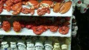 Shakers shaped like lobsters and crabs at the Salt and Pepper Shaker Museum in Gatlinburg.