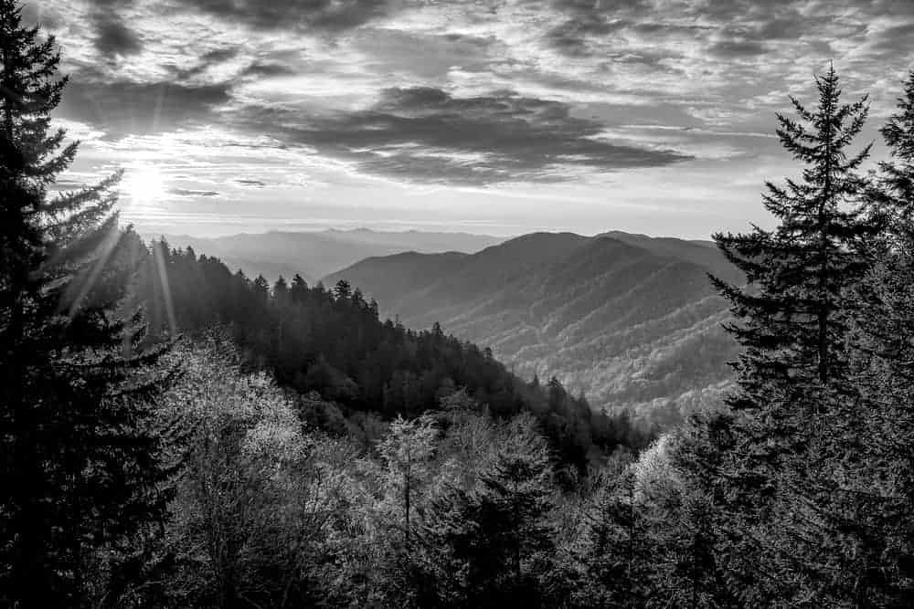 Black and white landscape photo taken while camping in the Great Smoky Mountains.