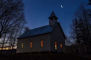 A church in Cades Cove at night.