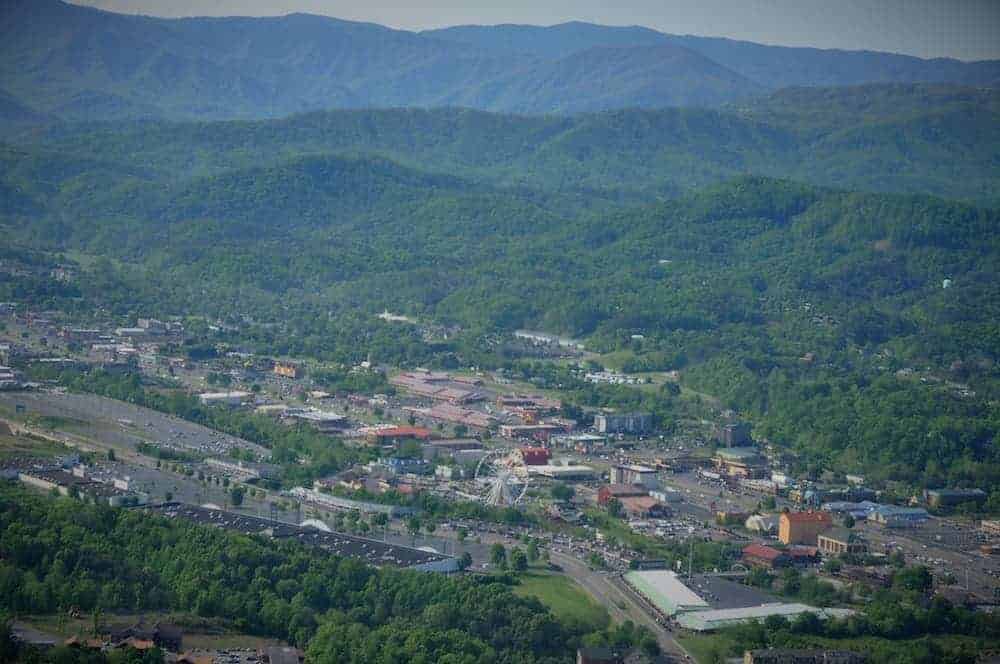 Beautiful aerial view of Pigeon Forge TN.