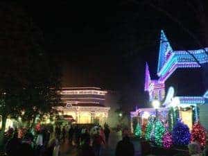 Glittering holiday lights at Dollywood's Smoky Mountain Christmas Festival.