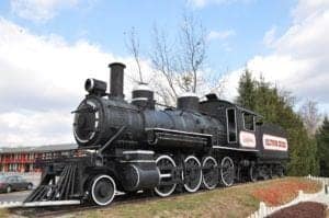 A Dollywood train on display at the theme park.