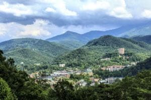 A dramatic photo of Gatlinburg in the mountains.