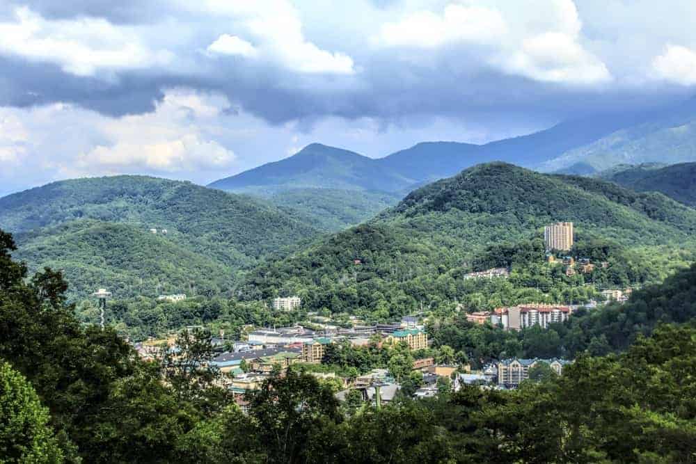 A dramatic photo of Gatlinburg in the mountains.