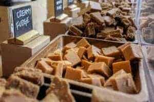 Fudge for sale in a candy shop.