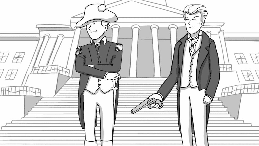 John Sevier and Andrew Jackson in front of a government building.