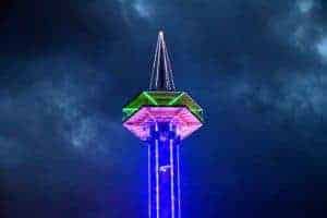 The Gatlinburg Space Needle lit up at night.