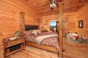 The bedroom of a cabin in Pigeon Forge.