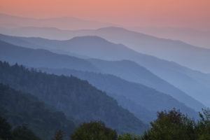 The Smoky Mountains covered in blue mist.