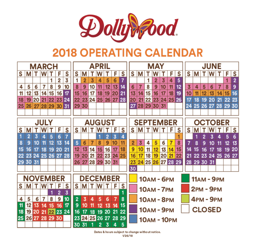 Dollywood 2018 Operating Calendar.
