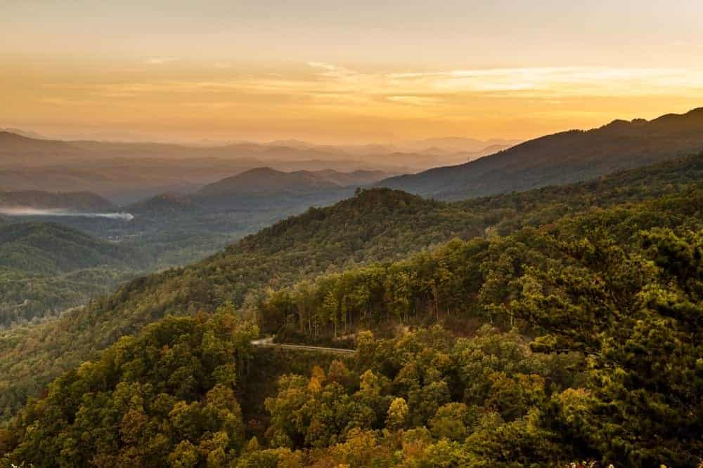 The Foothills Parkway in the Smoky Mountains at sunset.